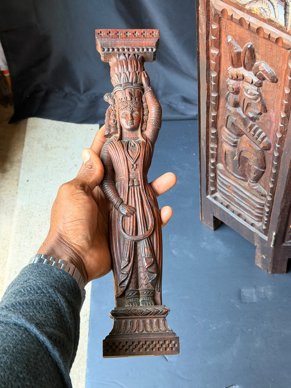 Vintage Indian Carved Wood Female Figure Architectural Bracket Pilaster 15 in