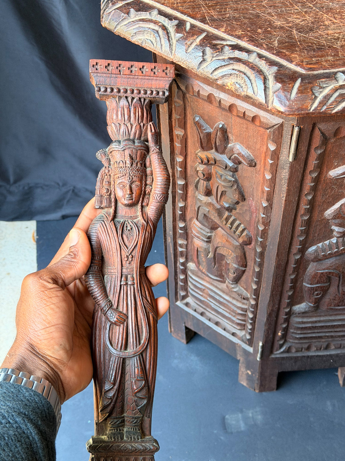 Vintage Indian Carved Wood Female Figure Architectural Bracket Pilaster 15 in