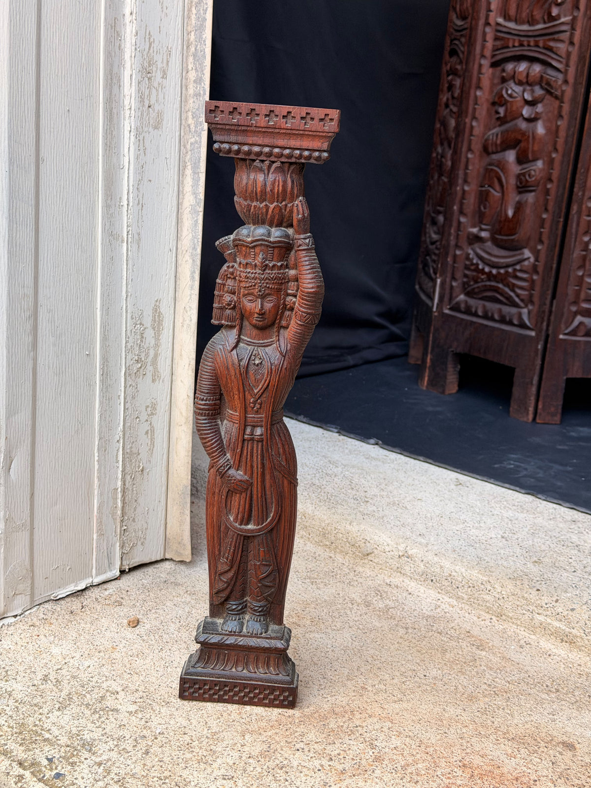 Vintage Indian Carved Wood Female Figure Architectural Bracket Pilaster 15 in