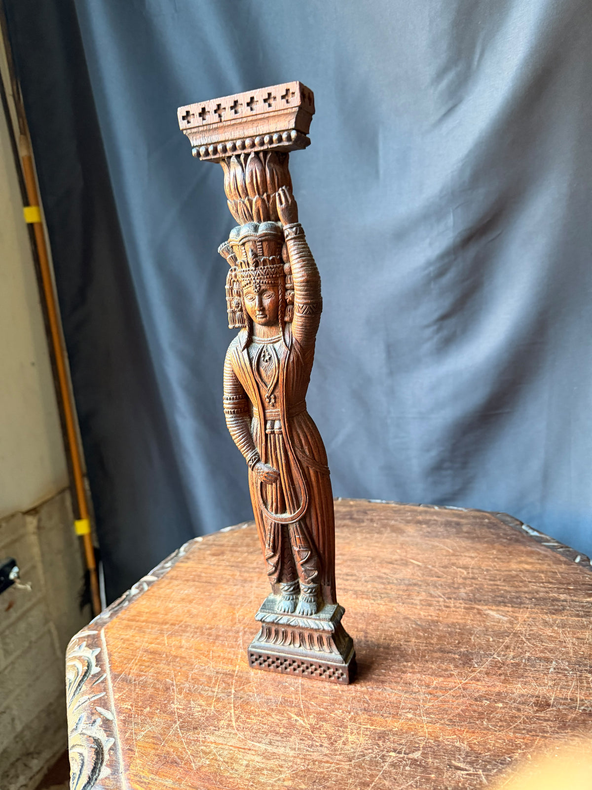 Vintage Indian Carved Wood Female Figure Architectural Bracket Pilaster 15 in