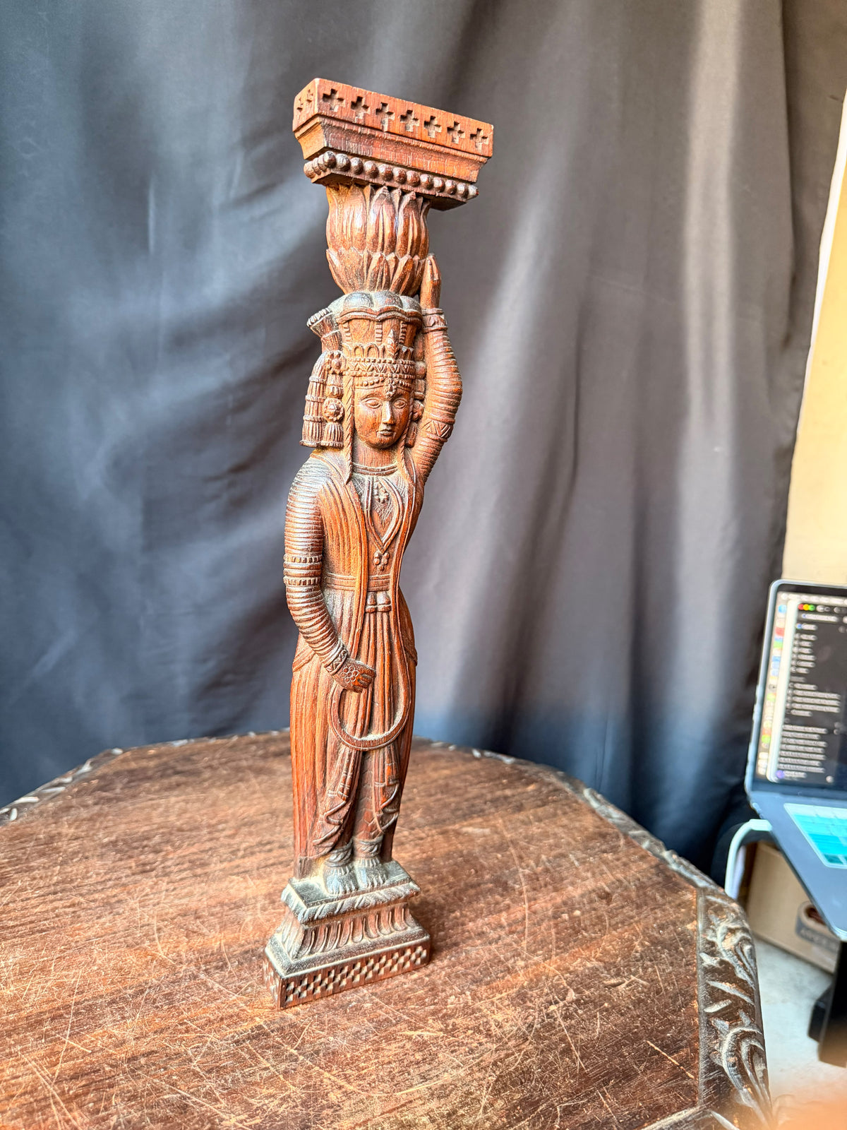 Vintage Indian Carved Wood Female Figure Architectural Bracket Pilaster 15 in