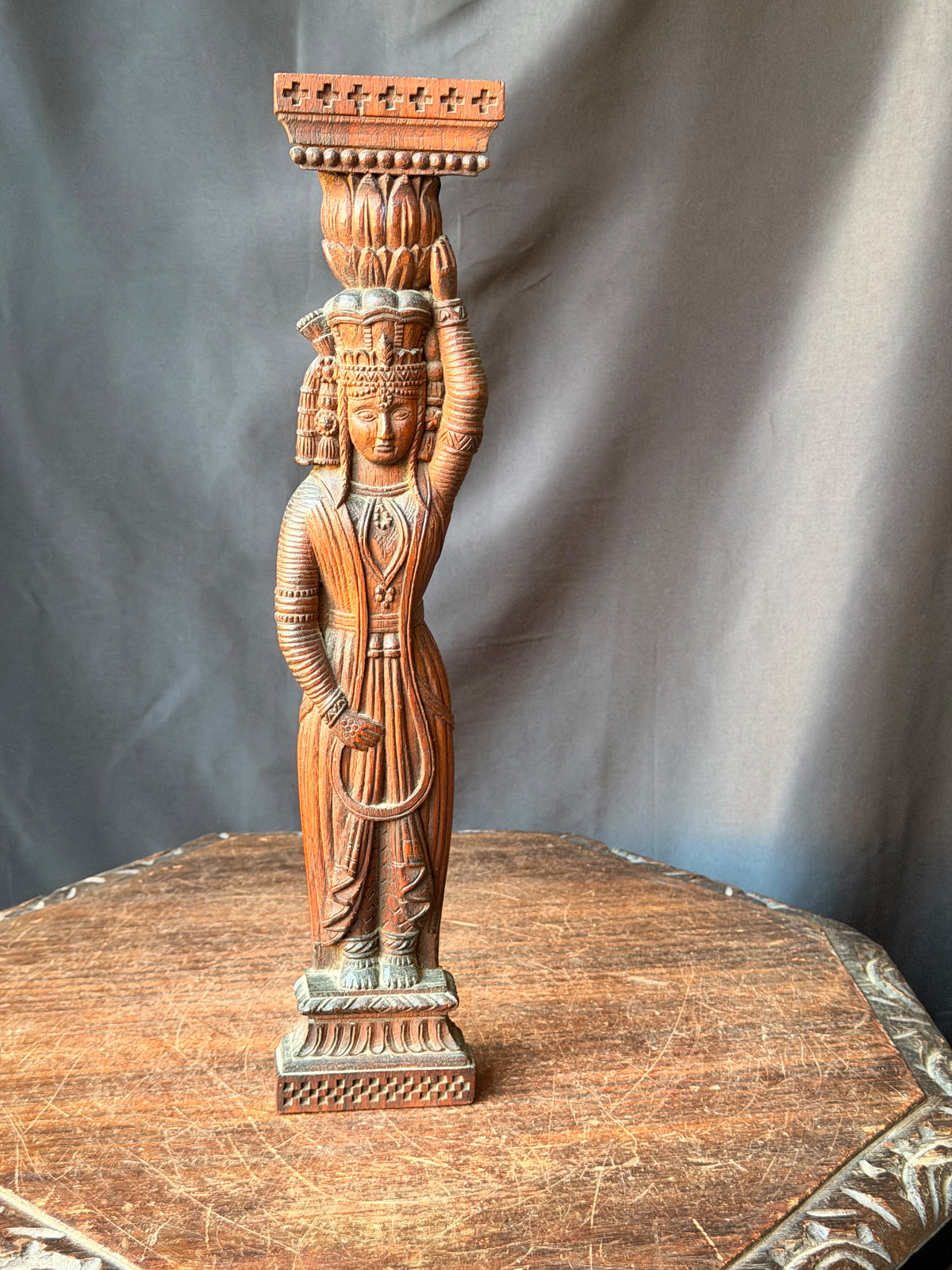Vintage Indian Carved Wood Female Figure Architectural Bracket Pilaster 15 in