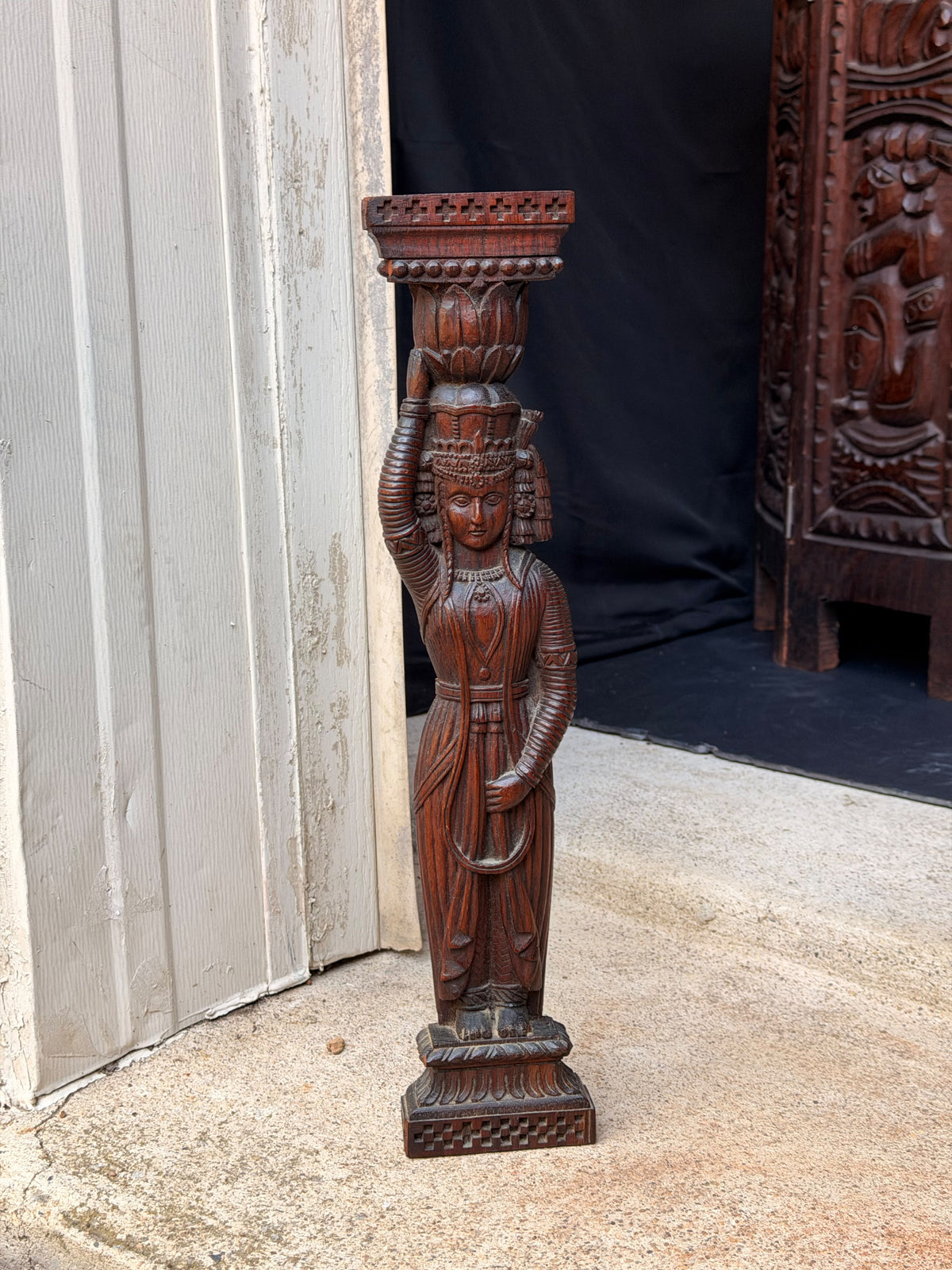 Vintage Indian Carved Wood Female Figure Architectural Bracket Pilaster 15 in