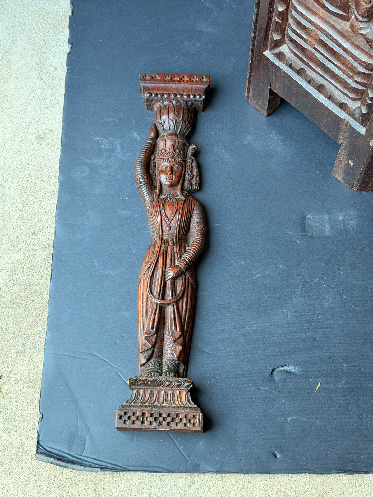 Vintage Indian Carved Wood Female Figure Architectural Bracket Pilaster 15 in