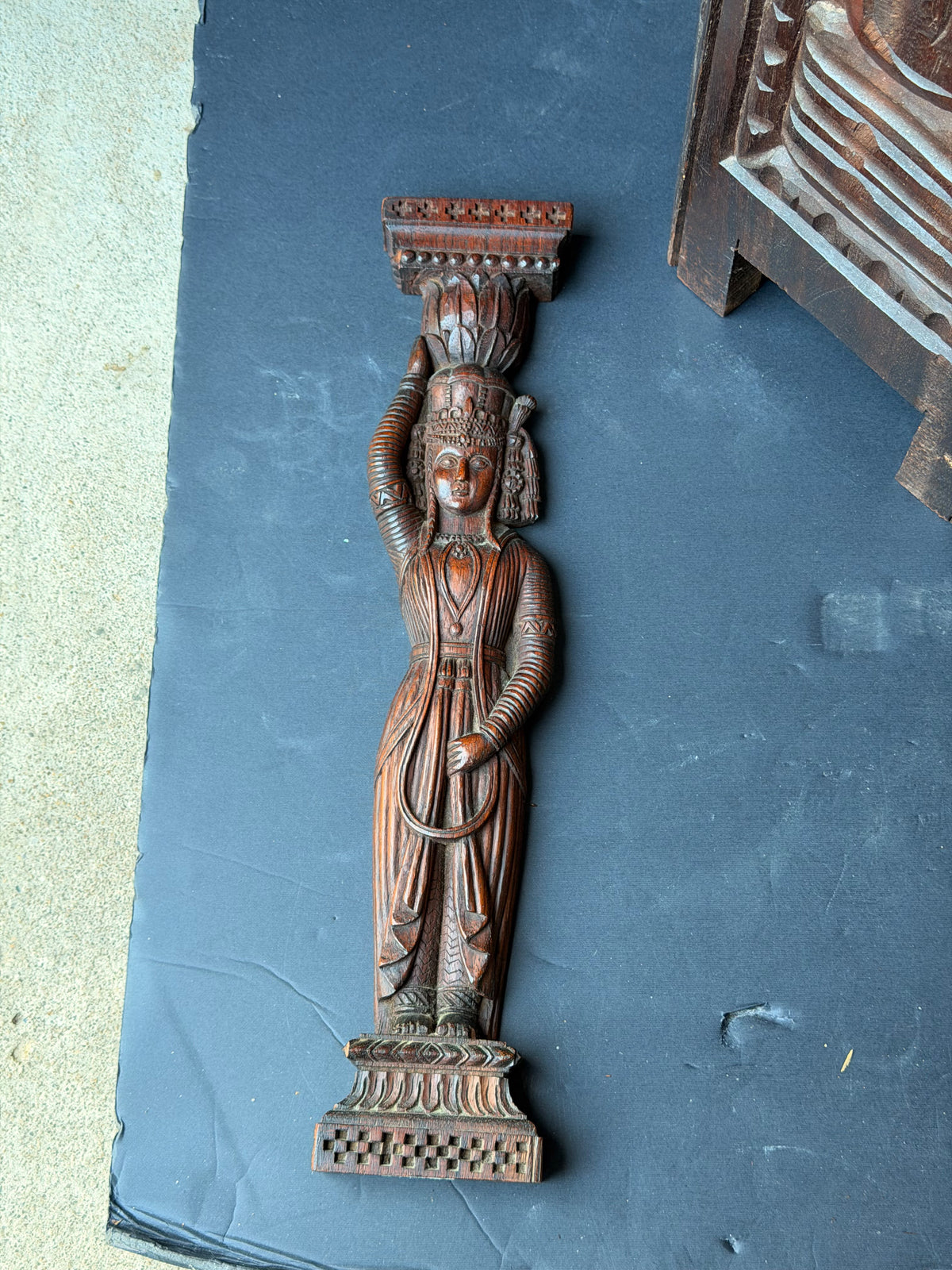 Vintage Indian Carved Wood Female Figure Architectural Bracket Pilaster 15 in
