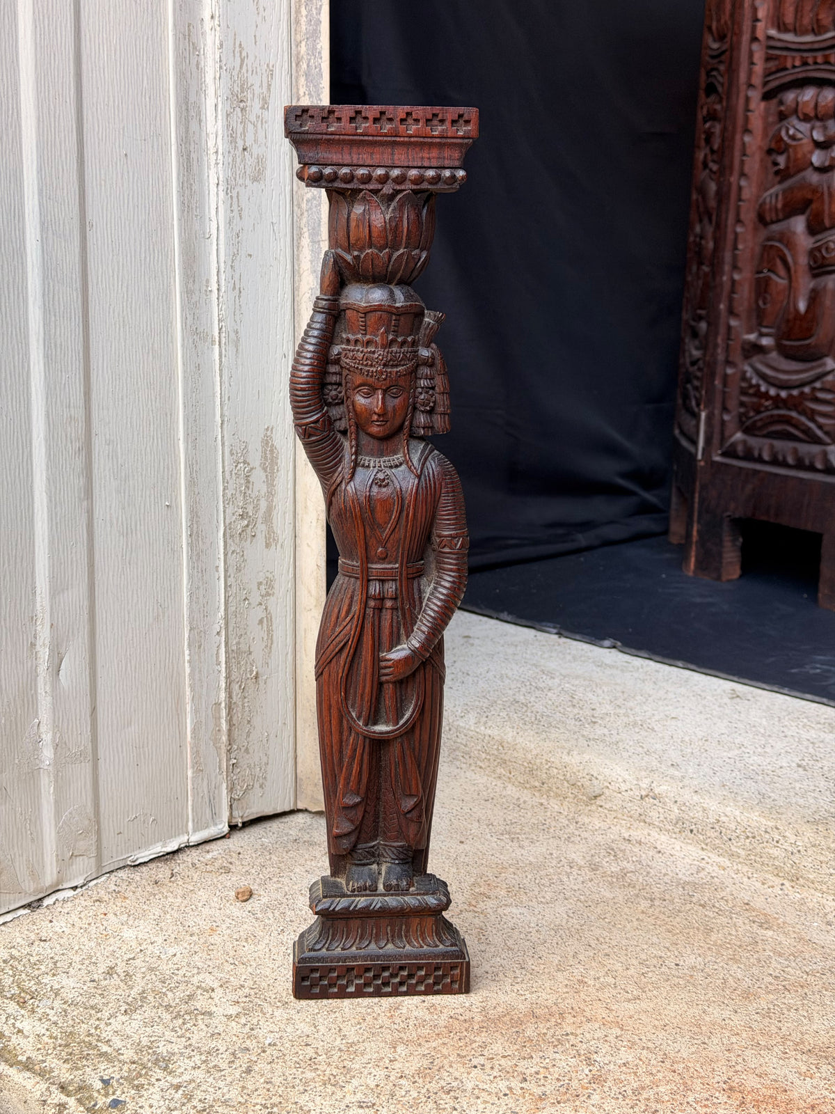 Vintage Indian Carved Wood Female Figure Architectural Bracket Pilaster 15 in