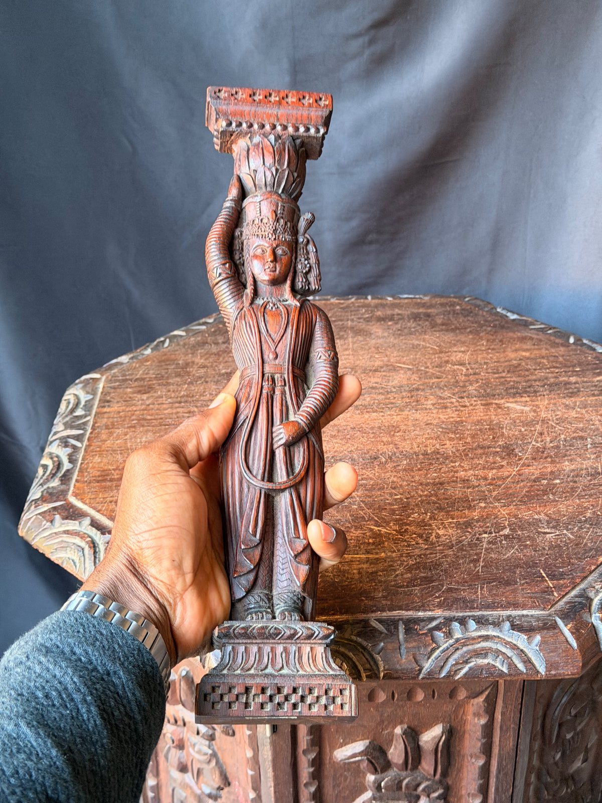 Vintage Indian Carved Wood Female Figure Architectural Bracket Pilaster 15 in