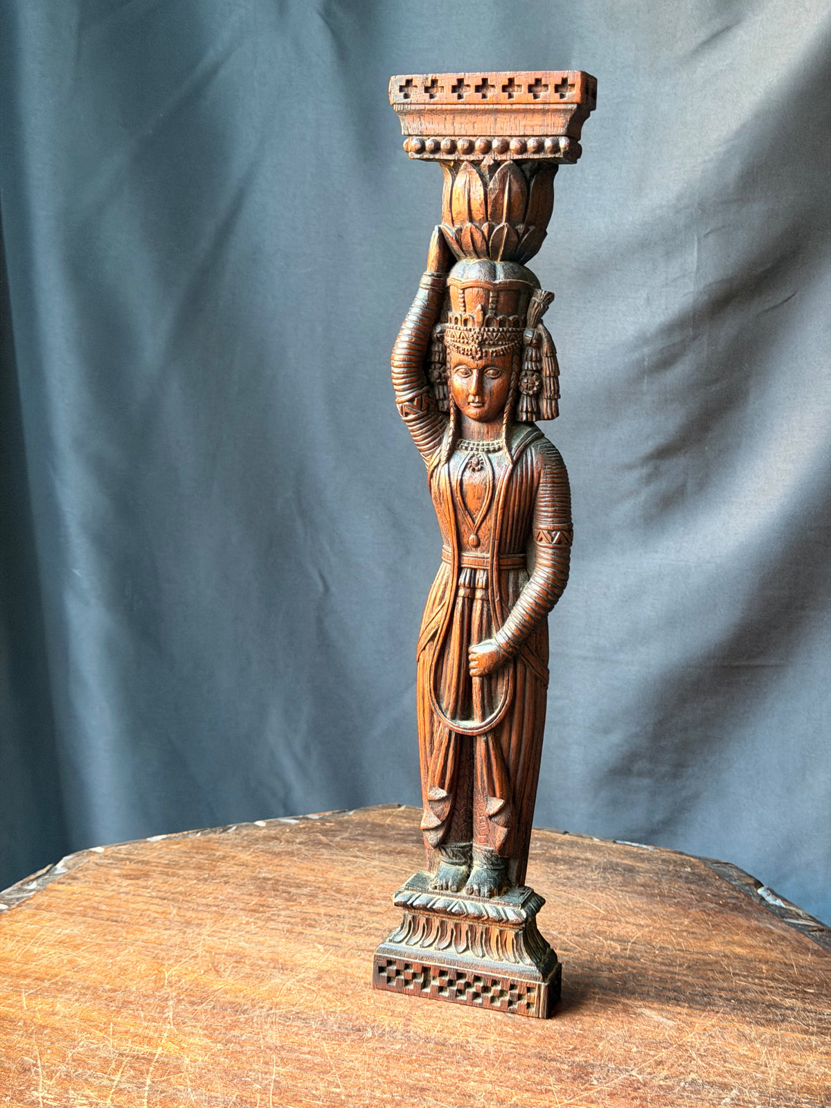 Vintage Indian Carved Wood Female Figure Architectural Bracket Pilaster 15 in