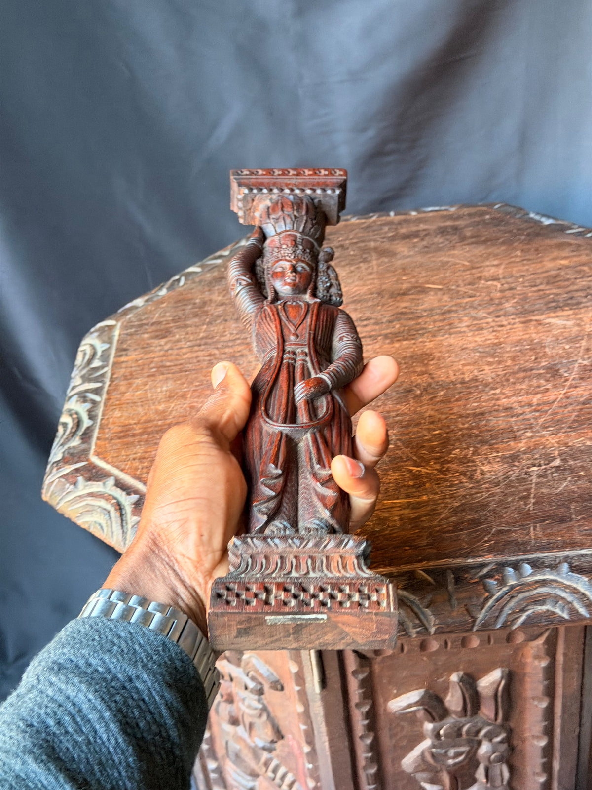 Vintage Indian Carved Wood Female Figure Architectural Bracket Pilaster 15 in