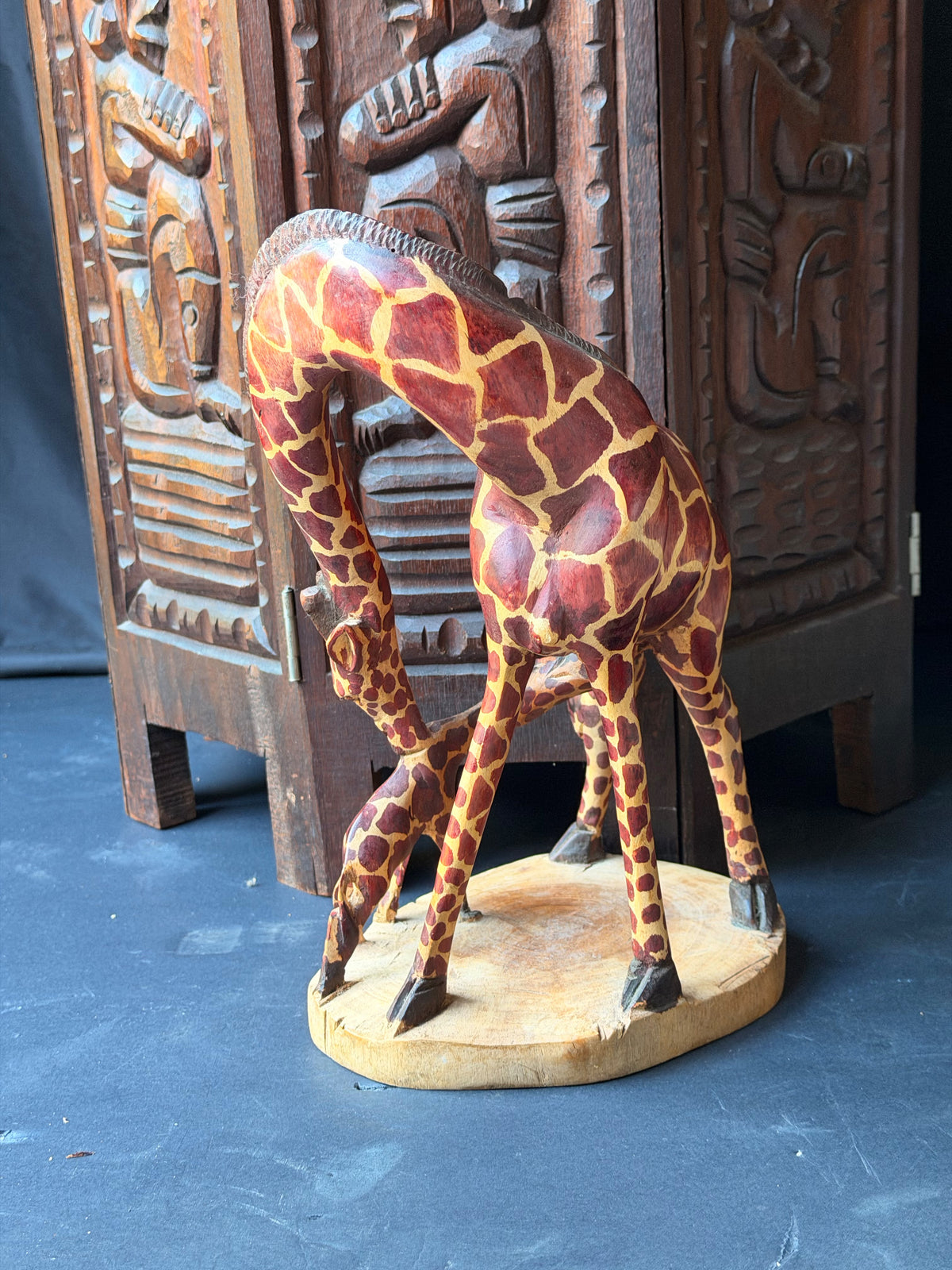 Vintage East African Carved Wood Mother Giraffe and Calf Sculpture 11.5 in