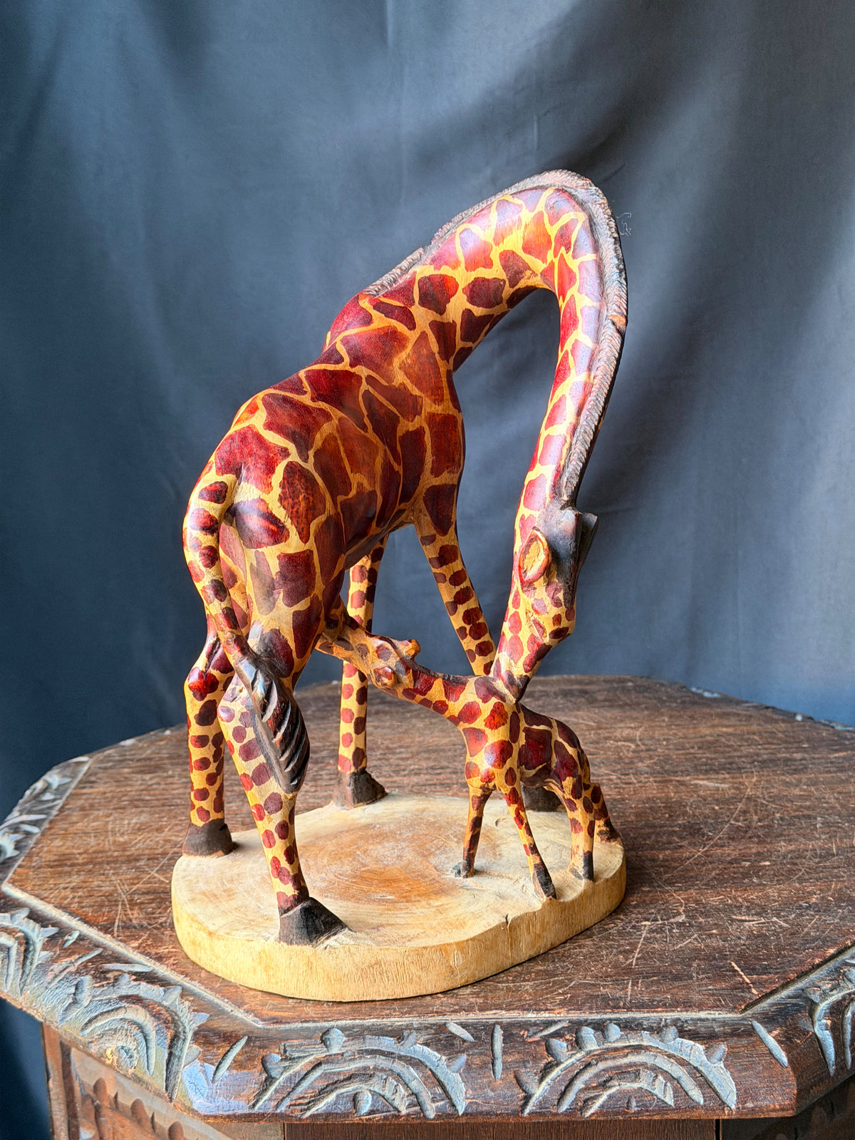 Vintage East African Carved Wood Mother Giraffe and Calf Sculpture 11.5 in