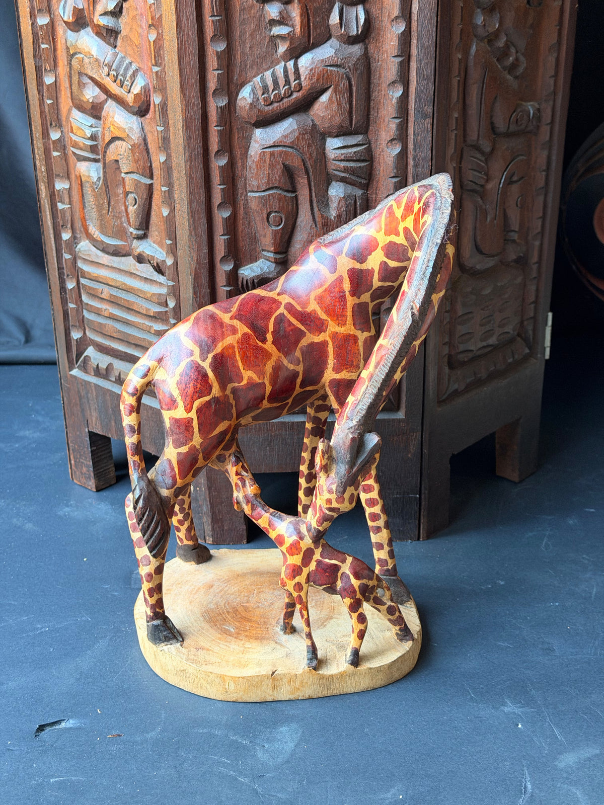 Vintage East African Carved Wood Mother Giraffe and Calf Sculpture 11.5 in