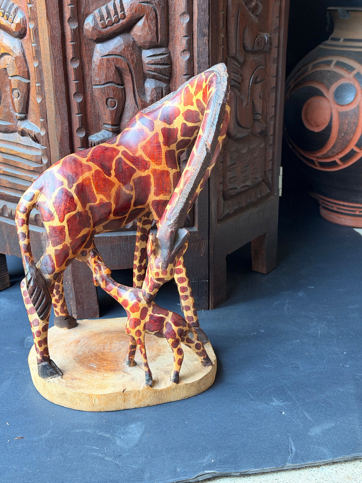 Vintage East African Carved Wood Mother Giraffe and Calf Sculpture 11.5 in