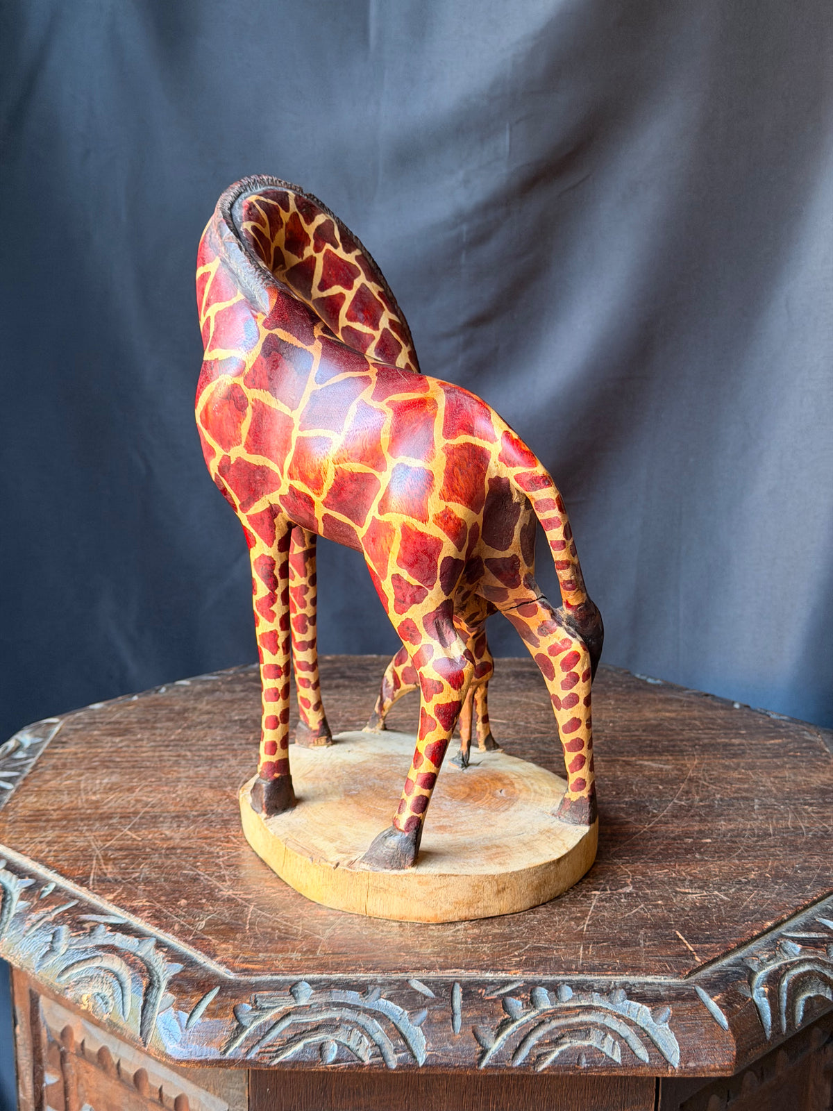 Vintage East African Carved Wood Mother Giraffe and Calf Sculpture 11.5 in