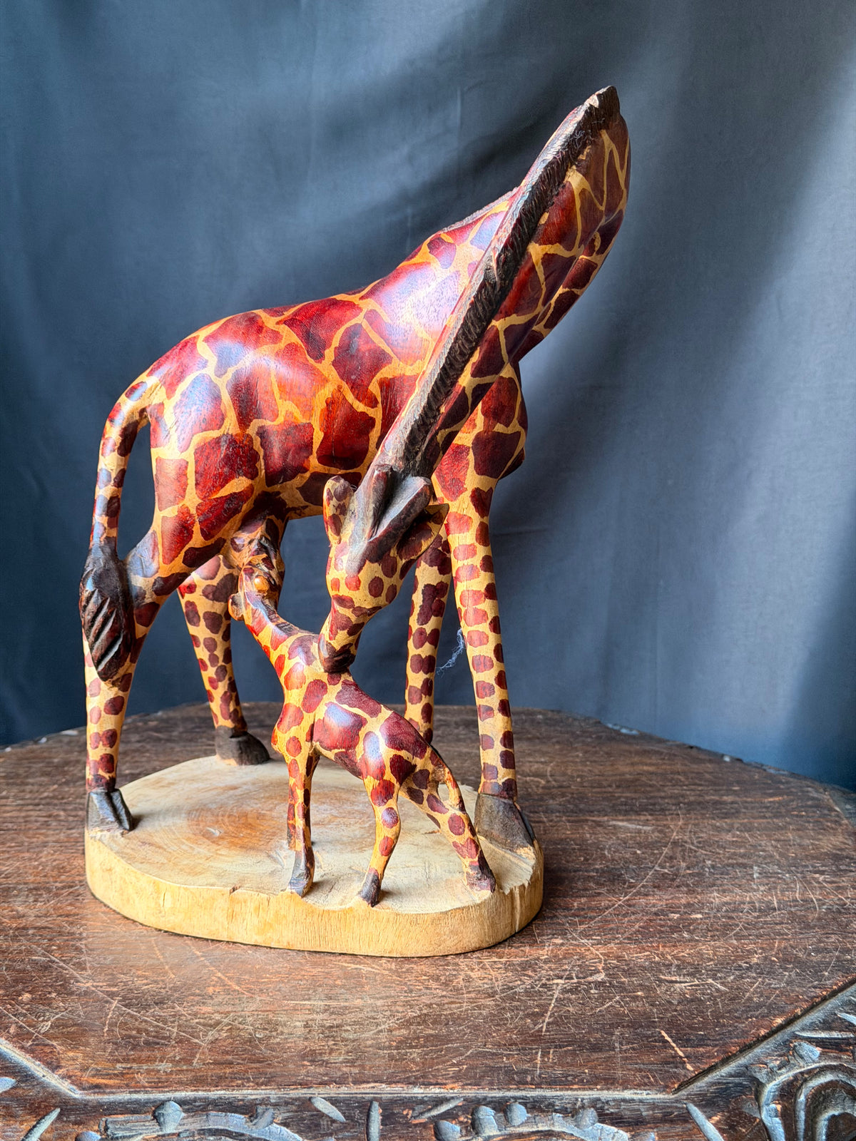 Vintage East African Carved Wood Mother Giraffe and Calf Sculpture 11.5 in