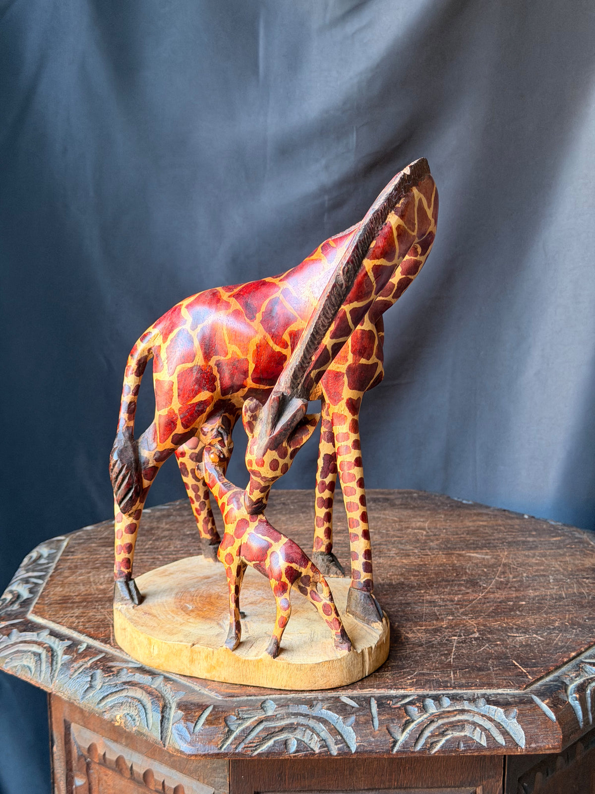 Vintage East African Carved Wood Mother Giraffe and Calf Sculpture 11.5 in