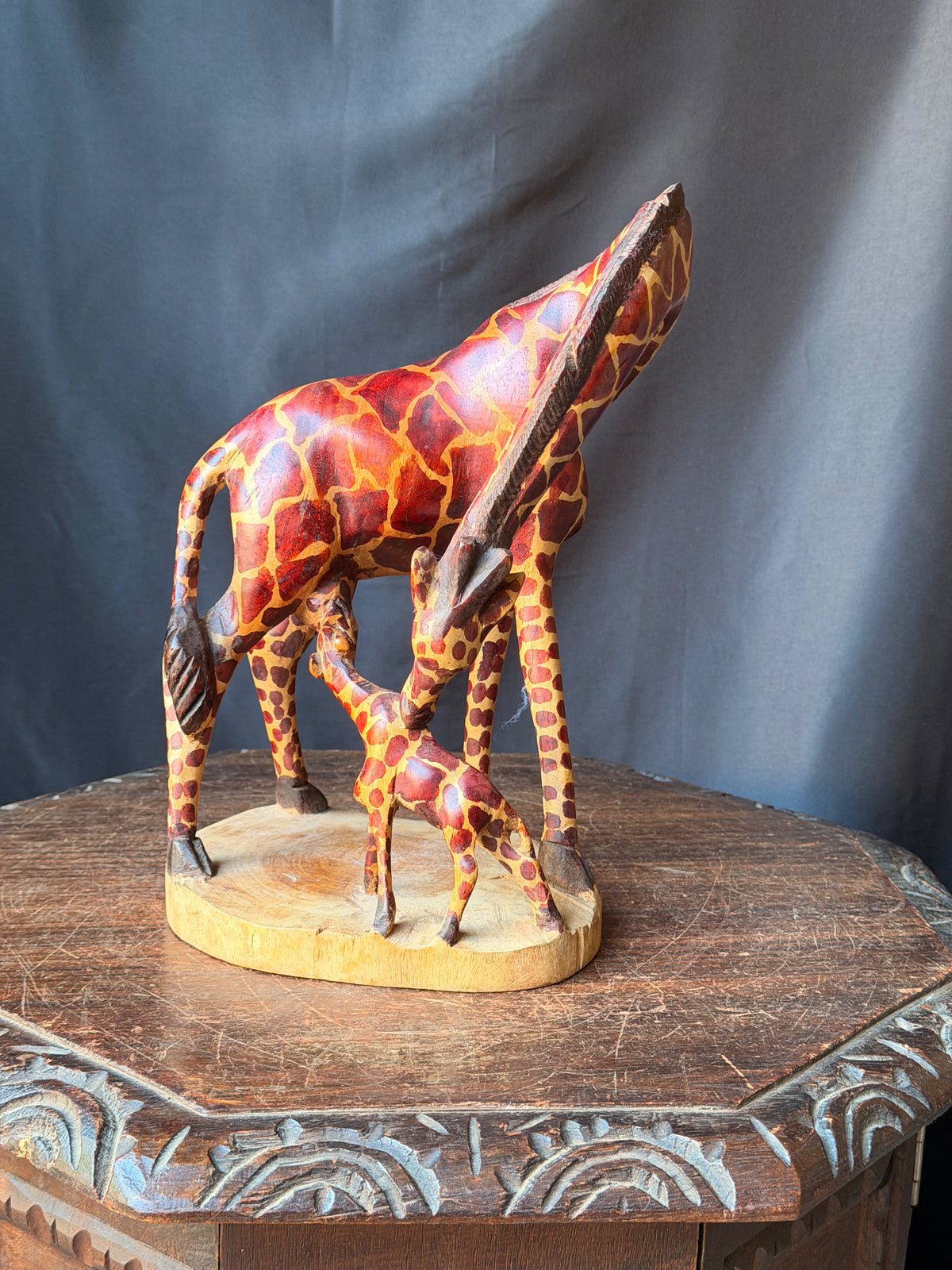 Vintage East African Carved Wood Mother Giraffe and Calf Sculpture 11.5 in