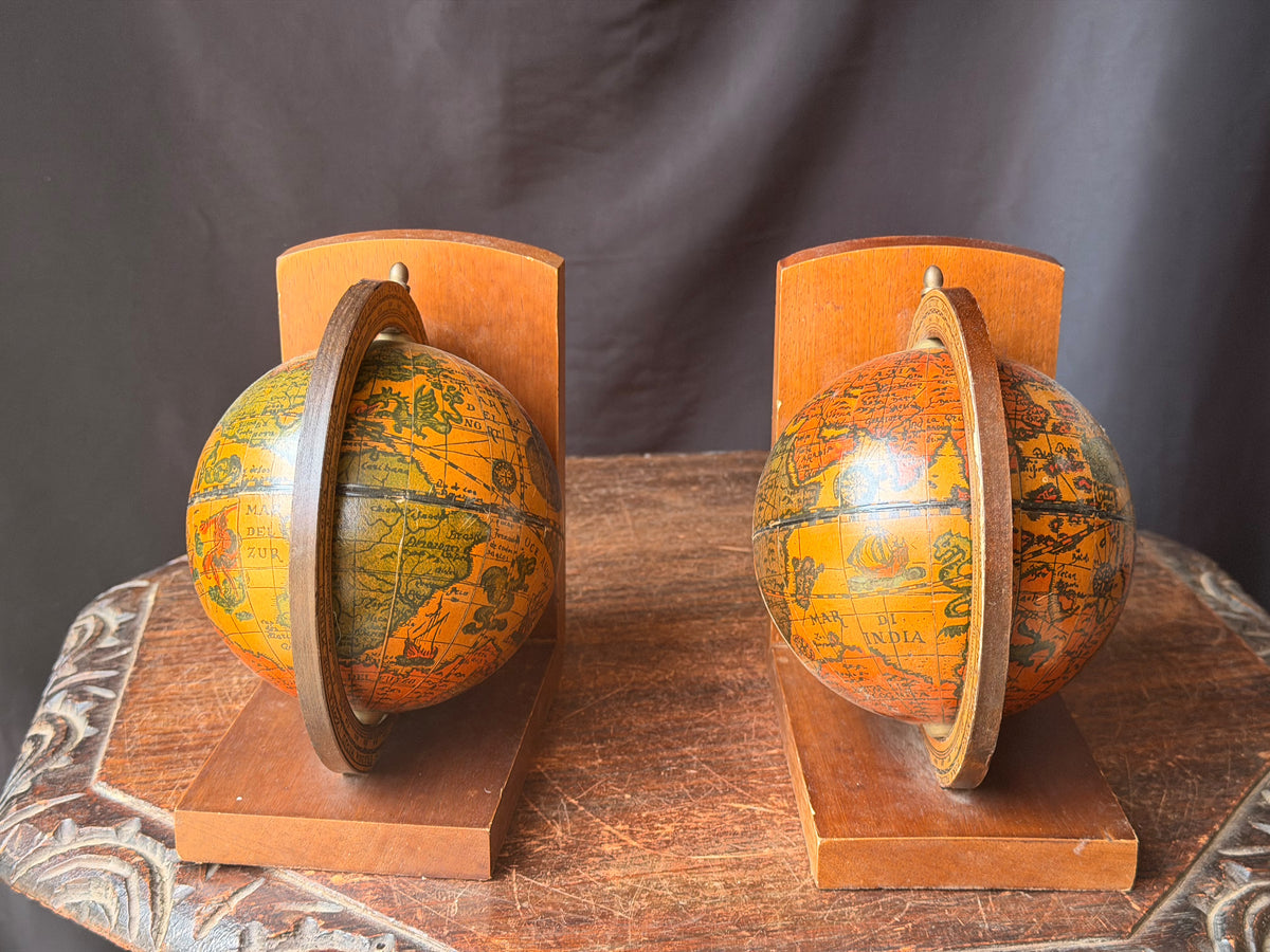 Vintage Old World Map Spinning Globe Bookends Pair Wood Meridian Ring 6.3 in
