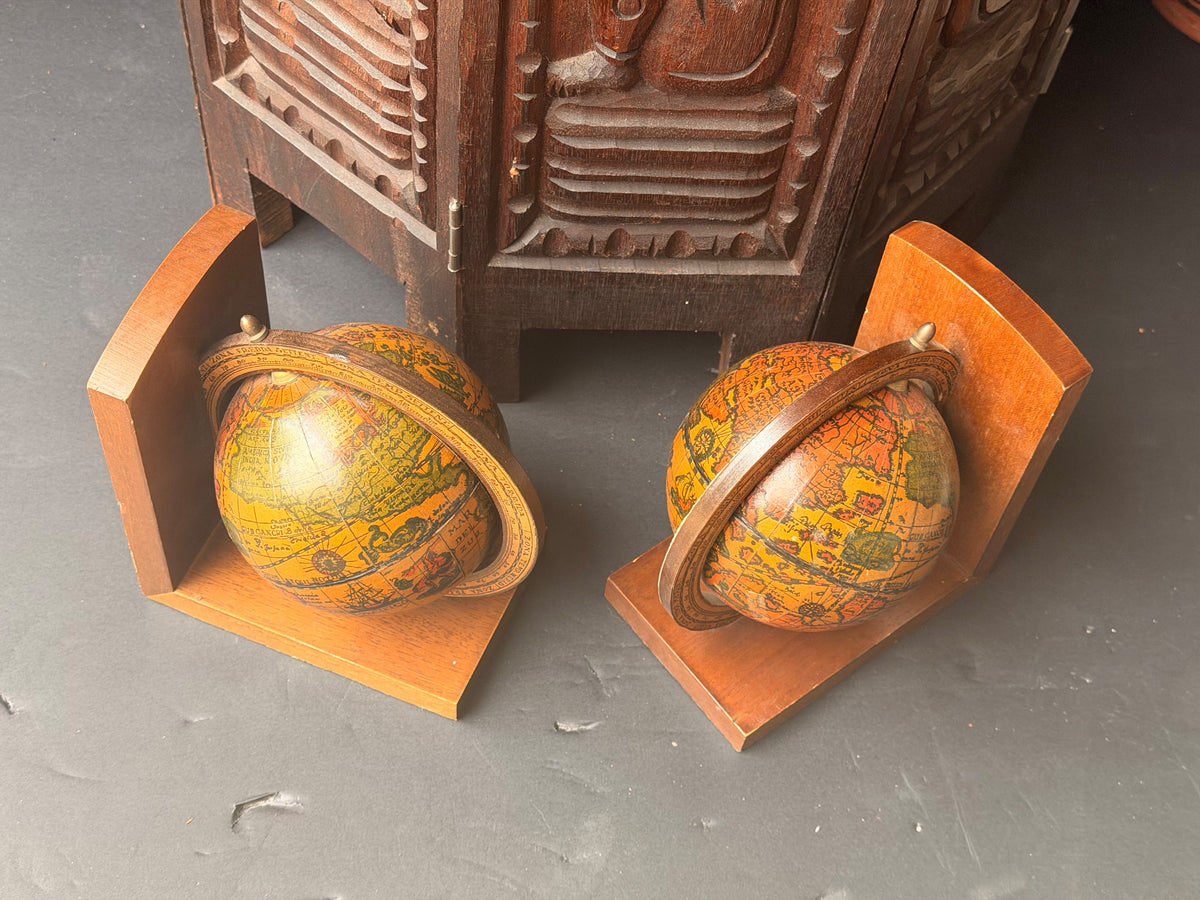 Vintage Old World Map Spinning Globe Bookends Pair Wood Meridian Ring 6.3 in