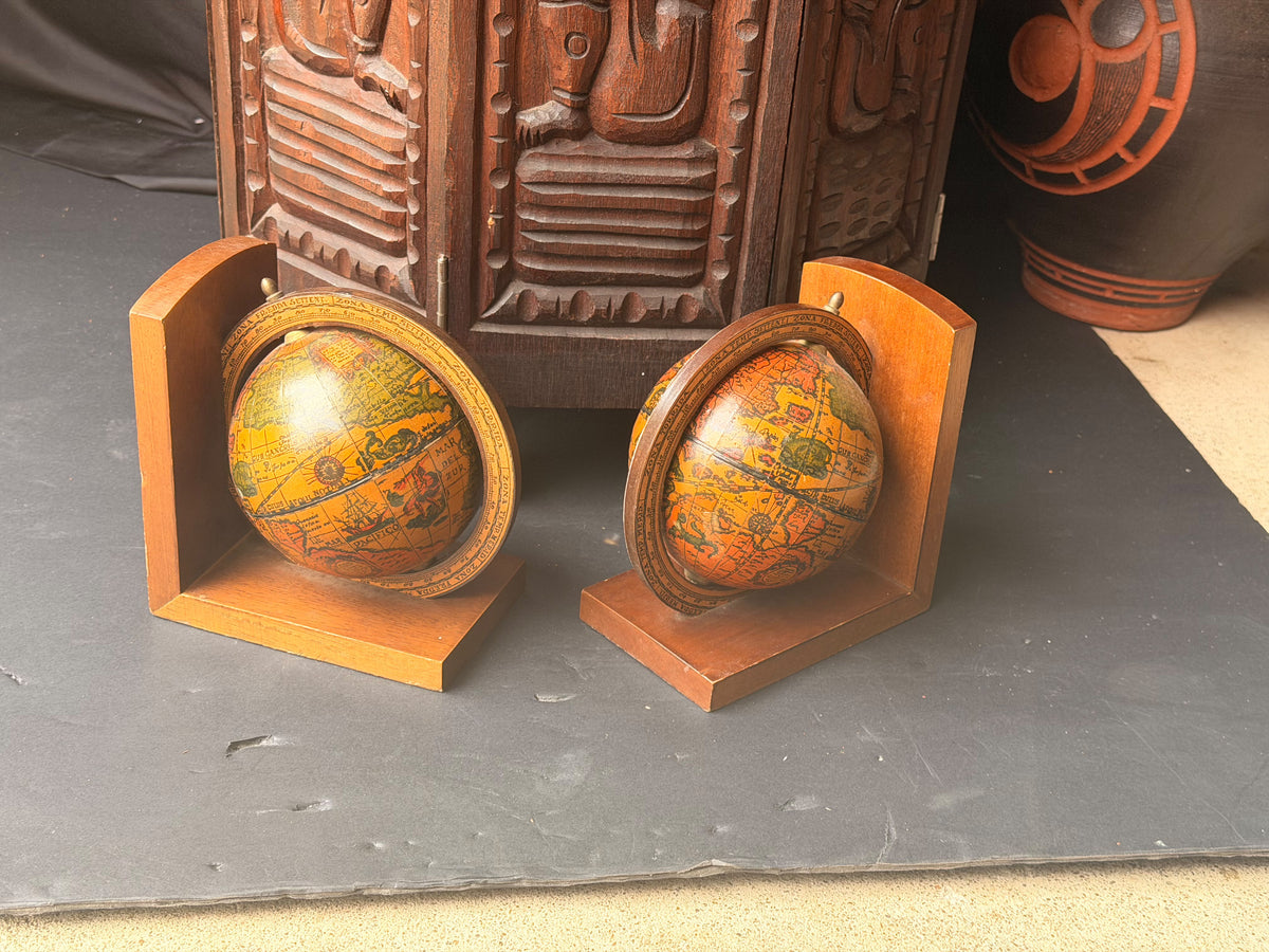 Vintage Old World Map Spinning Globe Bookends Pair Wood Meridian Ring 6.3 in