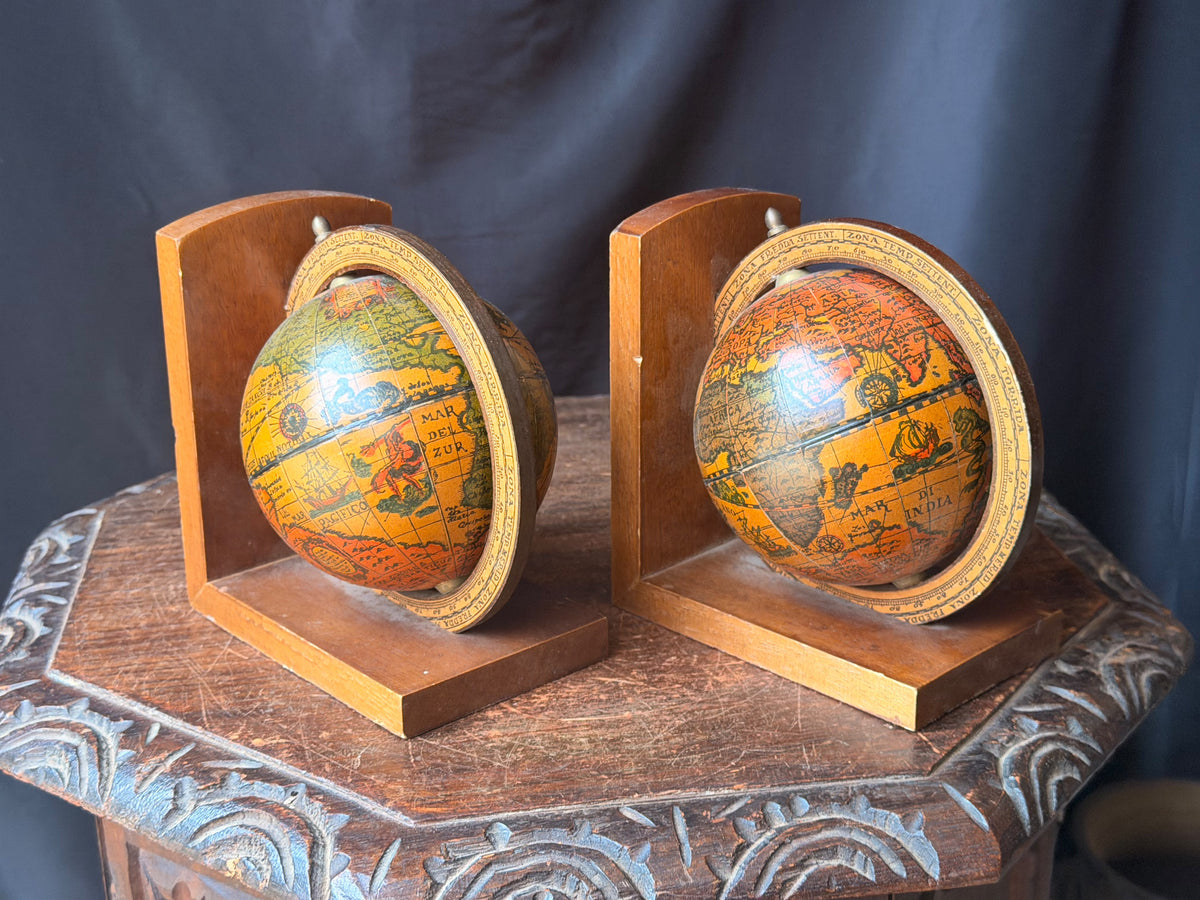 Vintage Old World Map Spinning Globe Bookends Pair Wood Meridian Ring 6.3 in