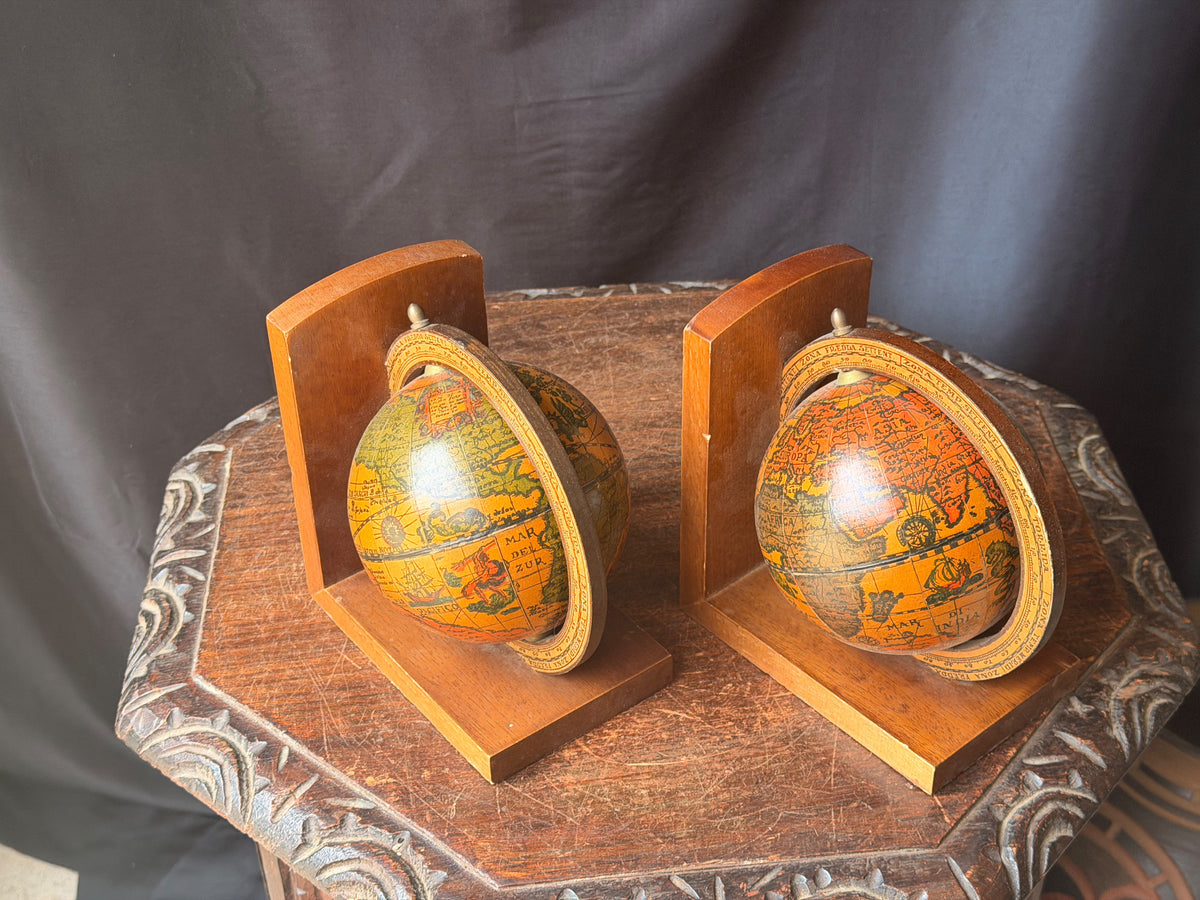 Vintage Old World Map Spinning Globe Bookends Pair Wood Meridian Ring 6.3 in