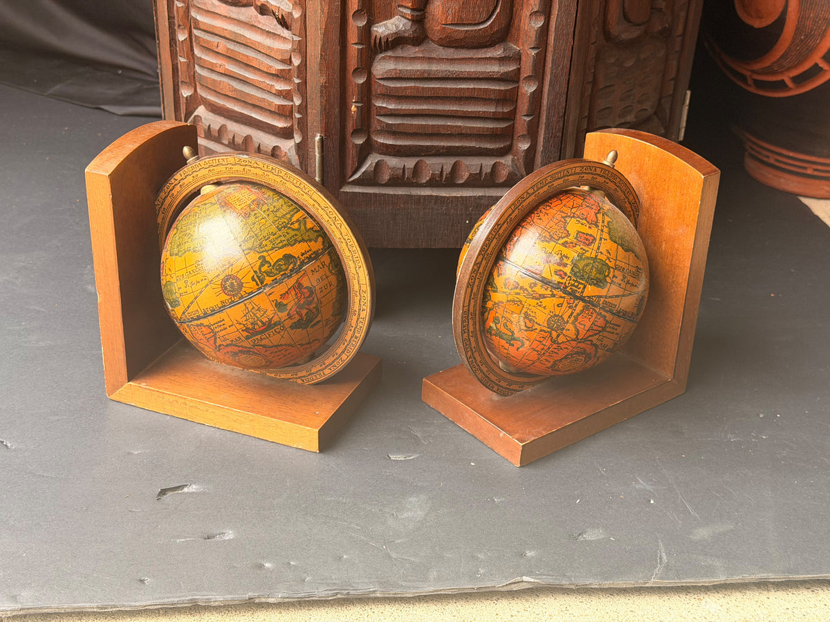 Vintage Old World Map Spinning Globe Bookends Pair Wood Meridian Ring 6.3 in