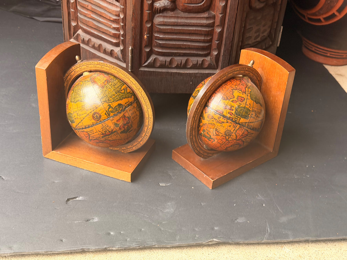 Vintage Old World Map Spinning Globe Bookends Pair Wood Meridian Ring 6.3 in