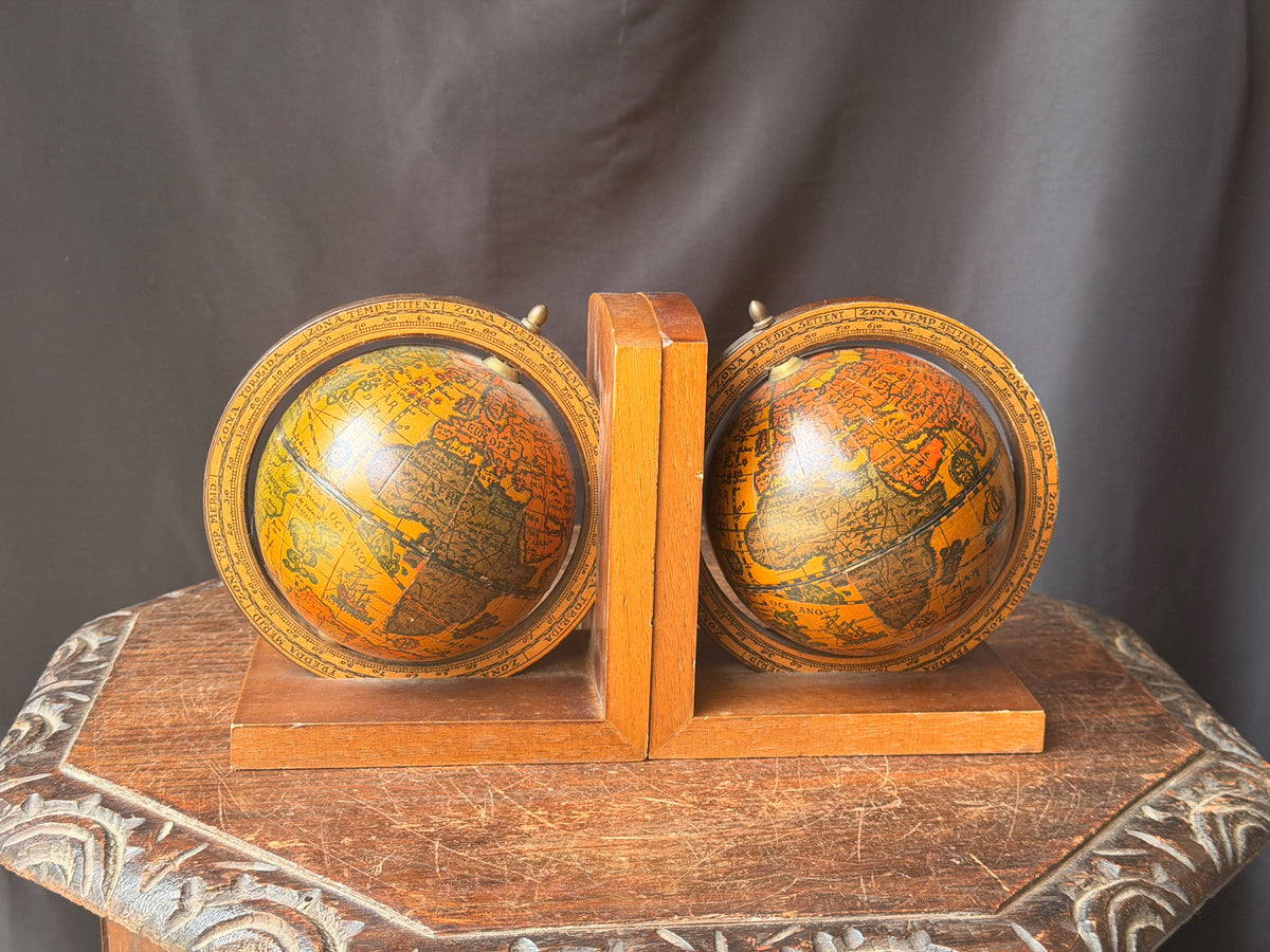 Vintage Old World Map Spinning Globe Bookends Pair Wood Meridian Ring 6.3 in