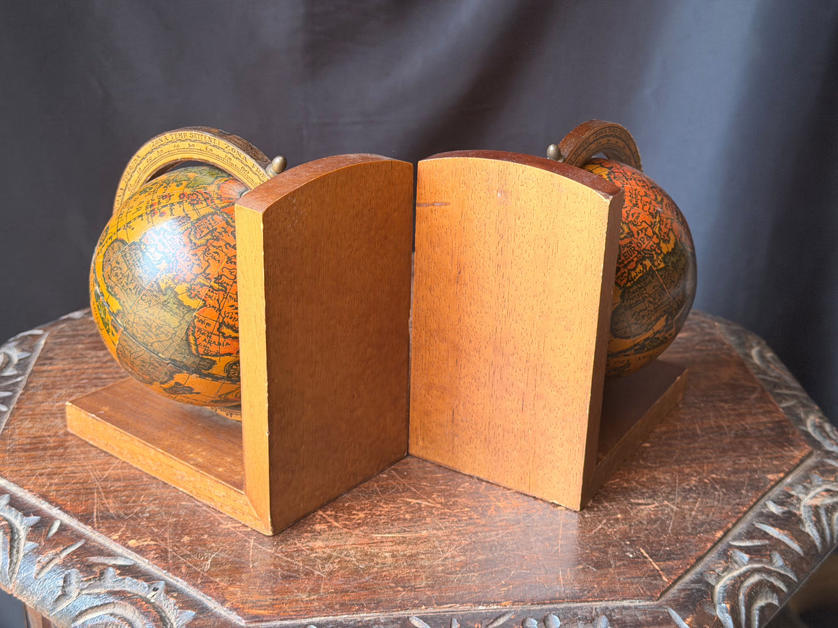 Vintage Old World Map Spinning Globe Bookends Pair Wood Meridian Ring 6.3 in
