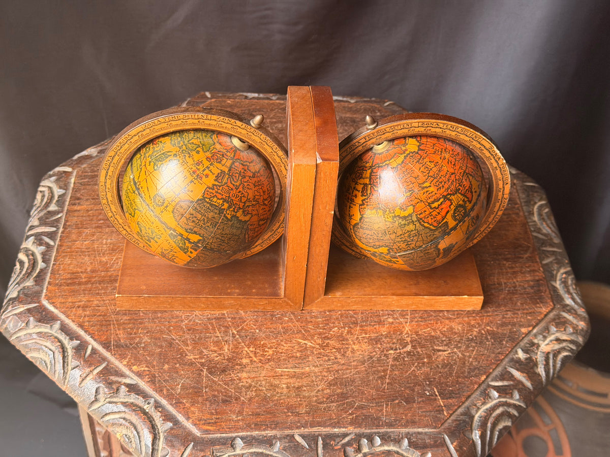 Vintage Old World Map Spinning Globe Bookends Pair Wood Meridian Ring 6.3 in