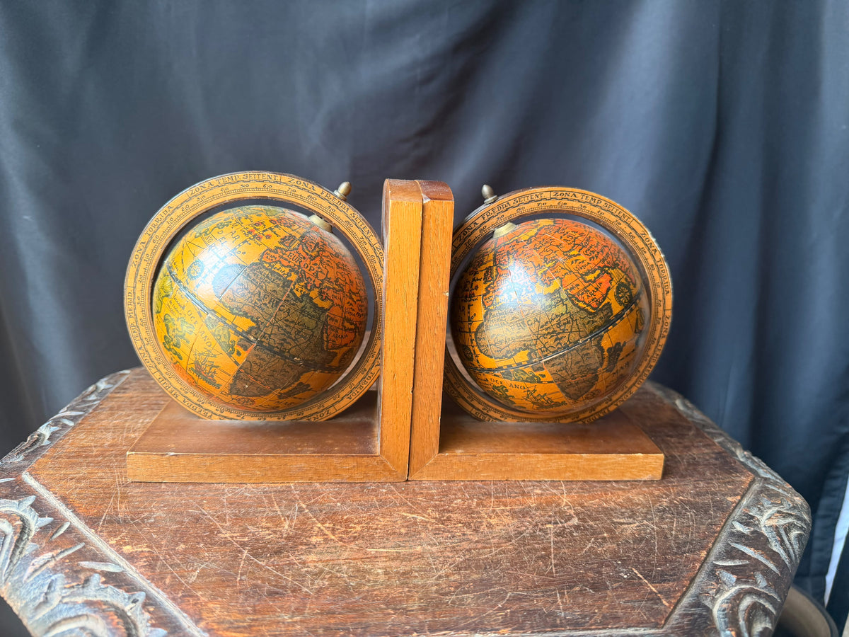 Vintage Old World Map Spinning Globe Bookends Pair Wood Meridian Ring 6.3 in