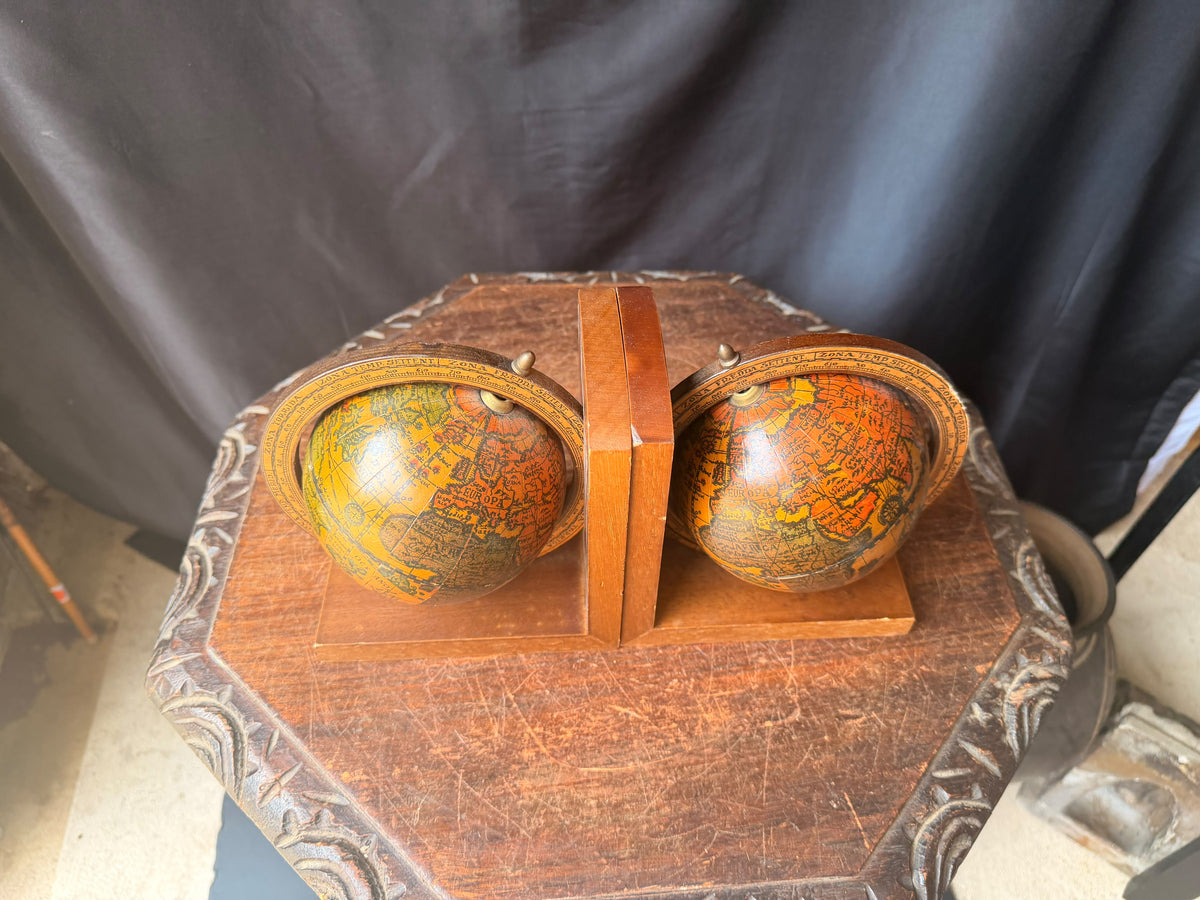 Vintage Old World Map Spinning Globe Bookends Pair Wood Meridian Ring 6.3 in