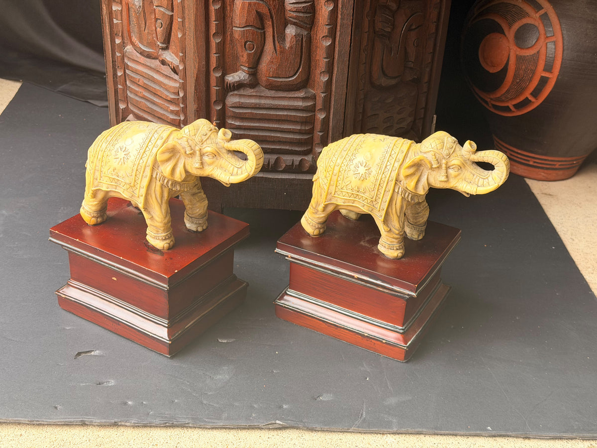 Pair Faux Ivory Resin Elephant Figures on Pedestal Bases Bookends Trunk Up 8 in