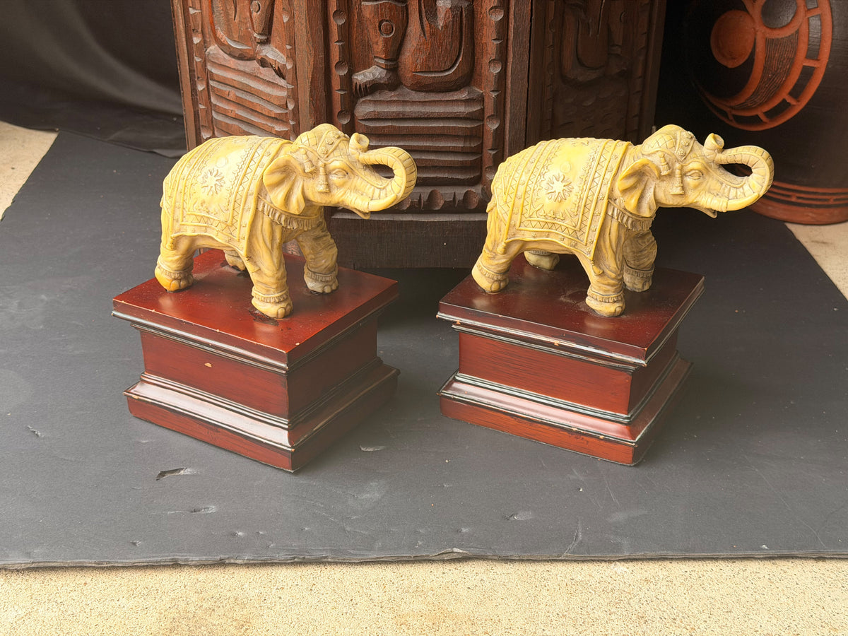 Pair Faux Ivory Resin Elephant Figures on Pedestal Bases Bookends Trunk Up 8 in