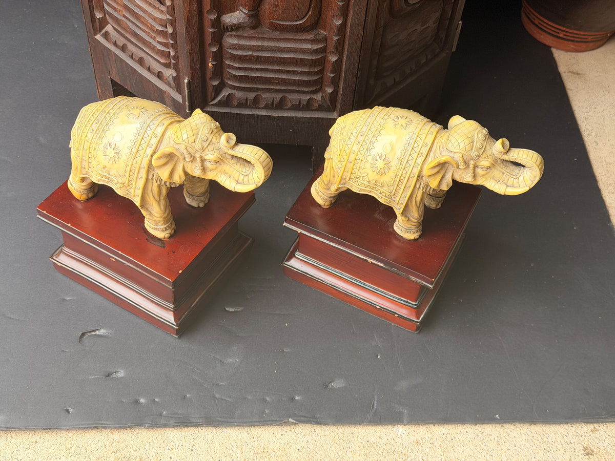 Pair Faux Ivory Resin Elephant Figures on Pedestal Bases Bookends Trunk Up 8 in