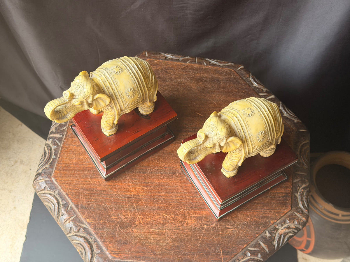 Pair Faux Ivory Resin Elephant Figures on Pedestal Bases Bookends Trunk Up 8 in
