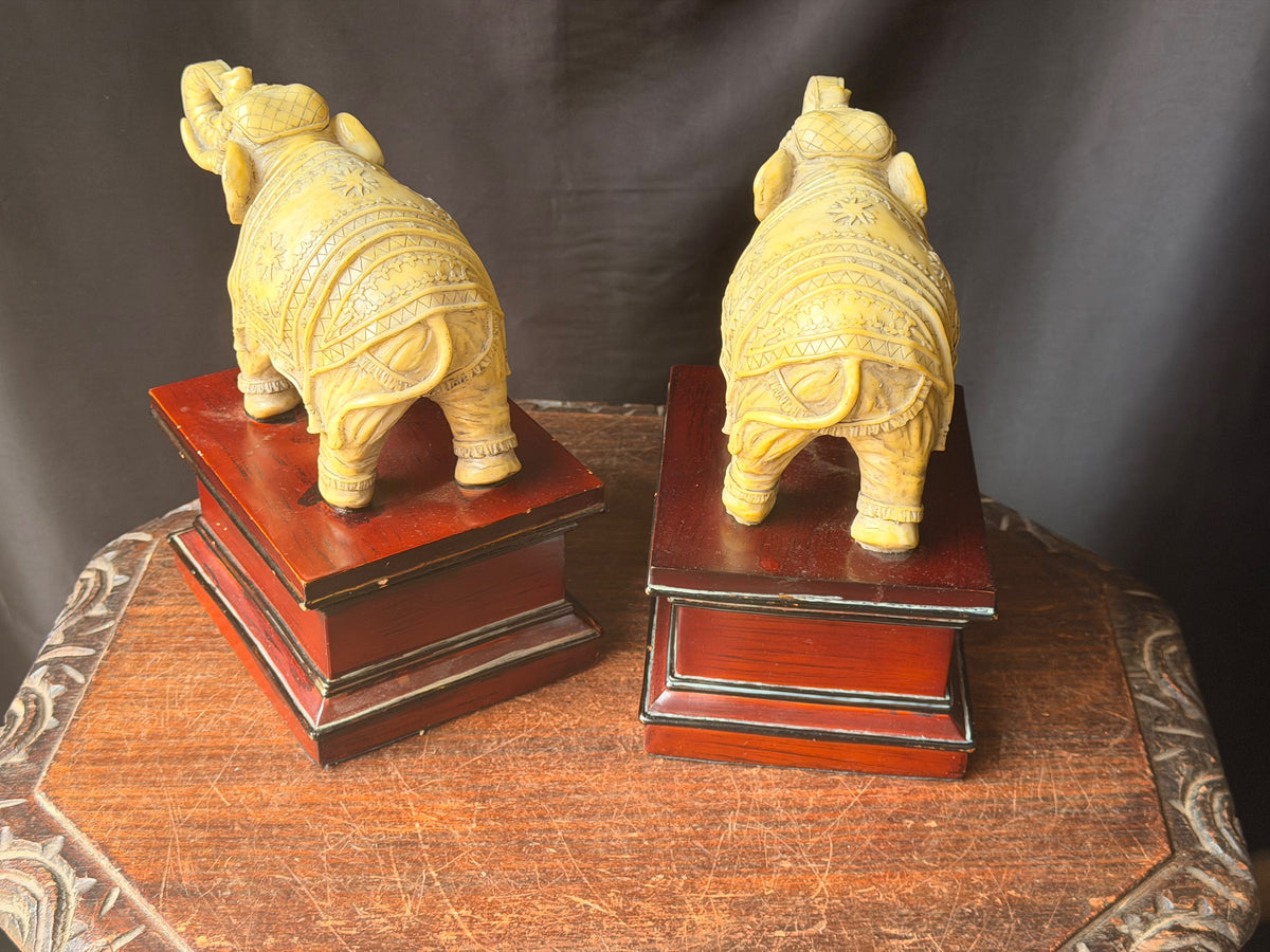 Pair Faux Ivory Resin Elephant Figures on Pedestal Bases Bookends Trunk Up 8 in