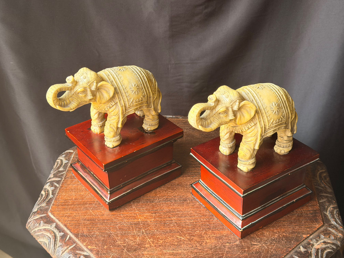 Pair Faux Ivory Resin Elephant Figures on Pedestal Bases Bookends Trunk Up 8 in