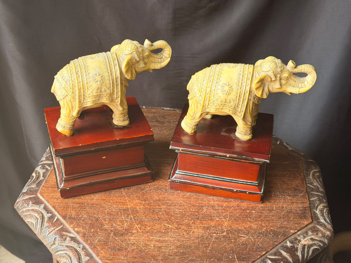 Pair Faux Ivory Resin Elephant Figures on Pedestal Bases Bookends Trunk Up 8 in