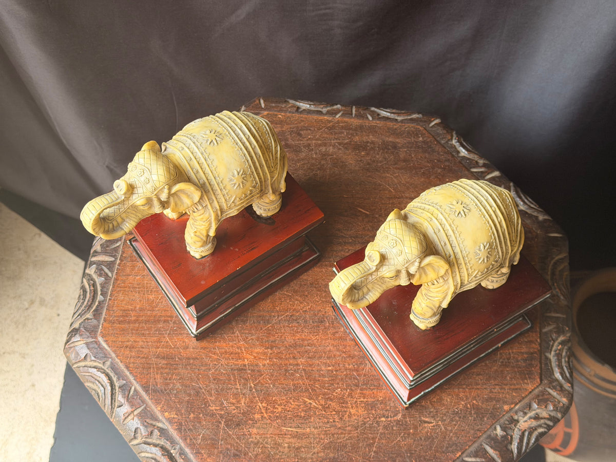 Pair Faux Ivory Resin Elephant Figures on Pedestal Bases Bookends Trunk Up 8 in