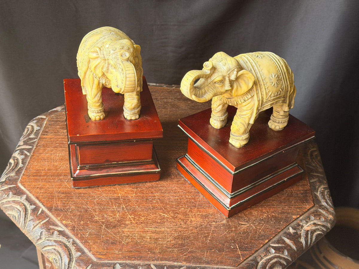 Pair Faux Ivory Resin Elephant Figures on Pedestal Bases Bookends Trunk Up 8 in