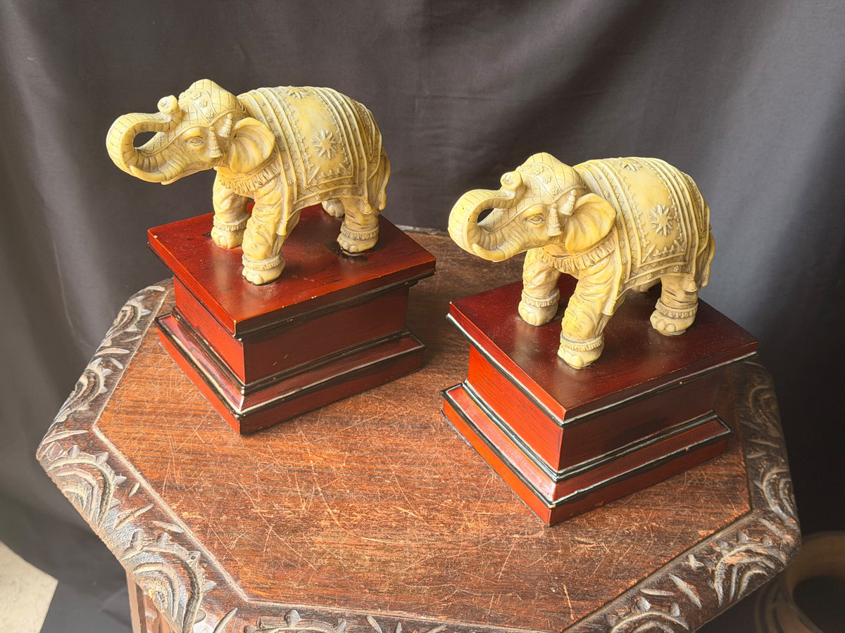 Pair Faux Ivory Resin Elephant Figures on Pedestal Bases Bookends Trunk Up 8 in