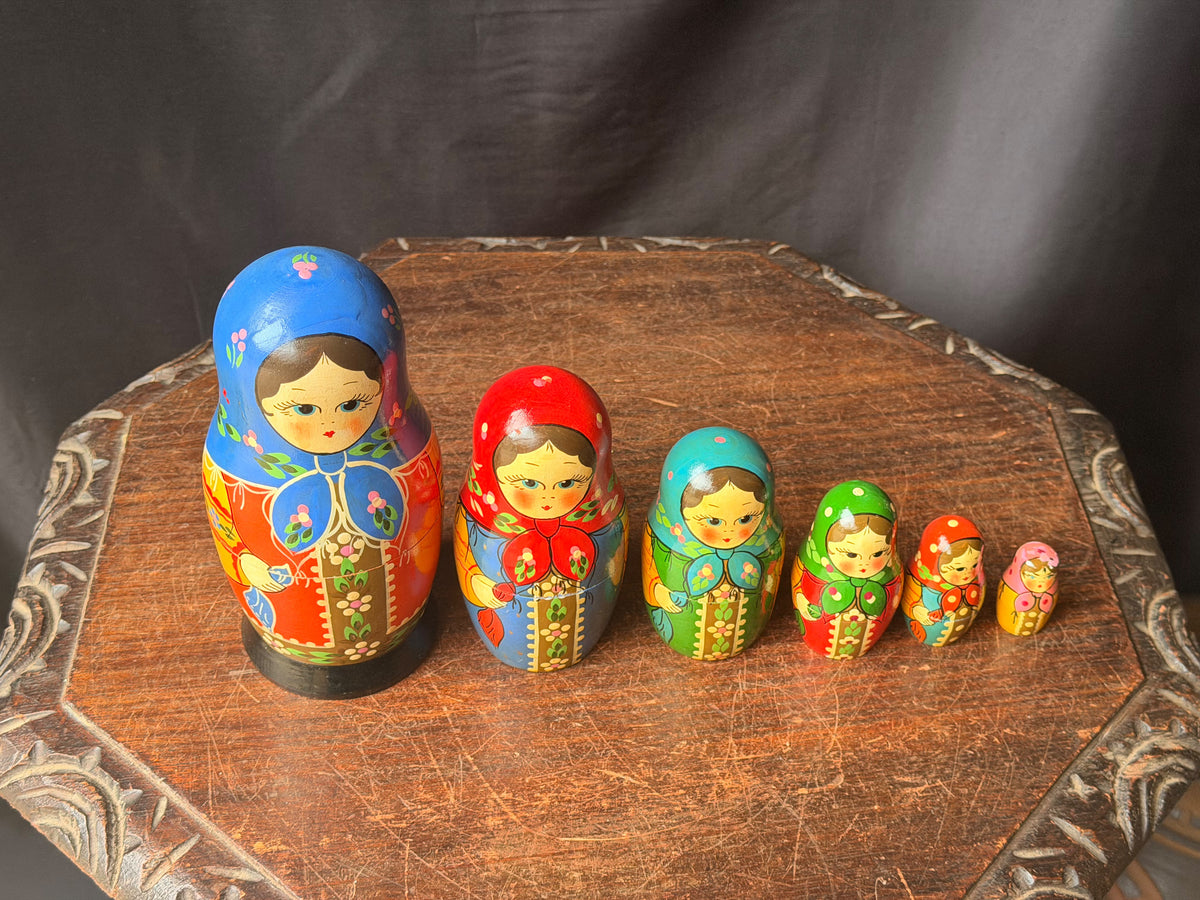Vintage Slavic Folk Art Wood Nesting Dolls Matryoshka Babushka 6 Pc 7 in