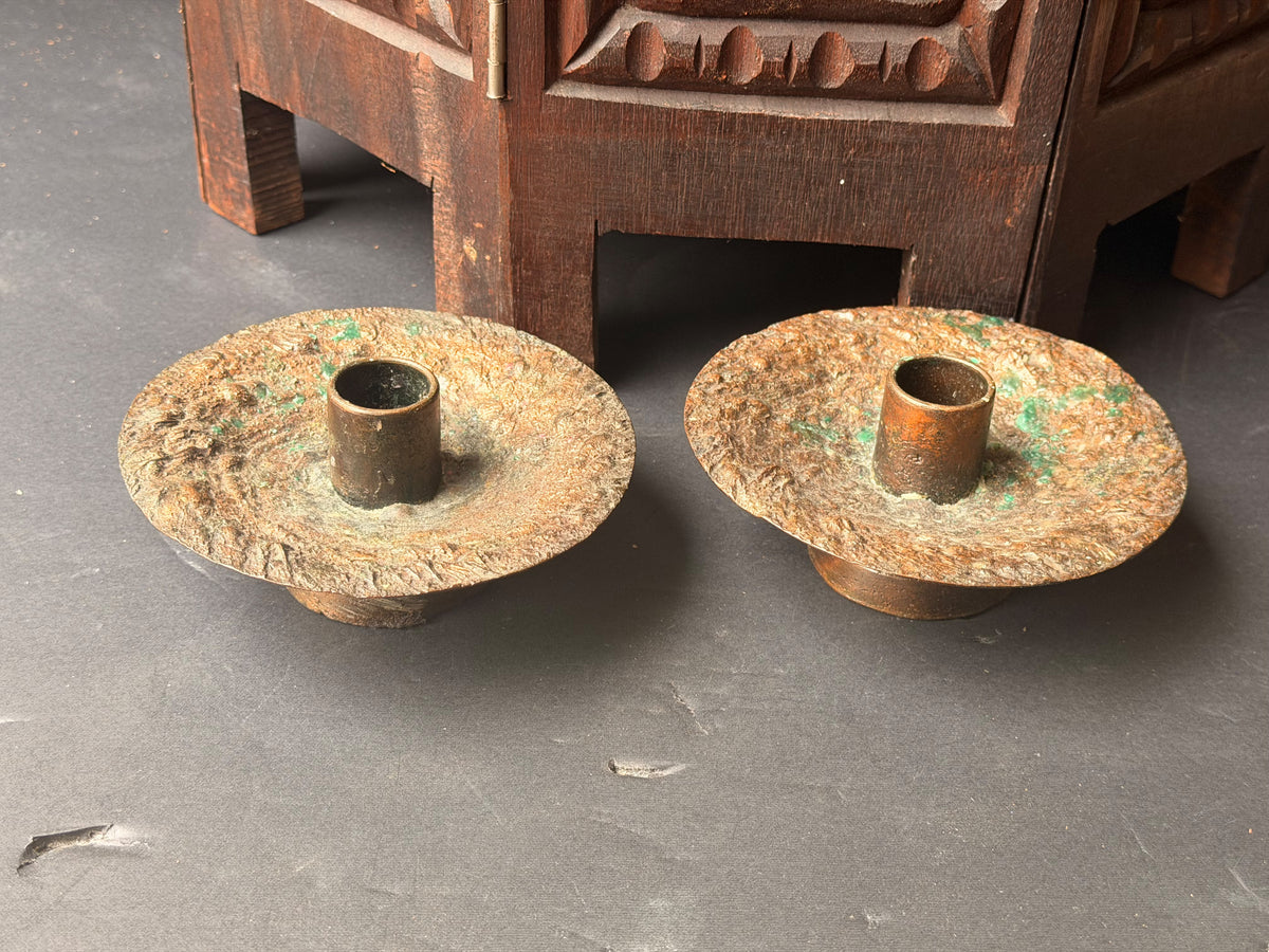 Brutalist Textured Copper Tone Metal Taper Candle Holders Pair 5.2 in