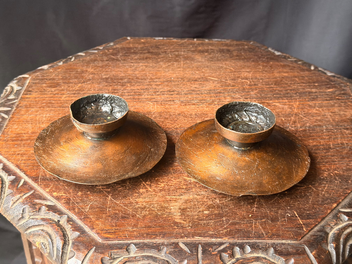 Brutalist Textured Copper Tone Metal Taper Candle Holders Pair 5.2 in