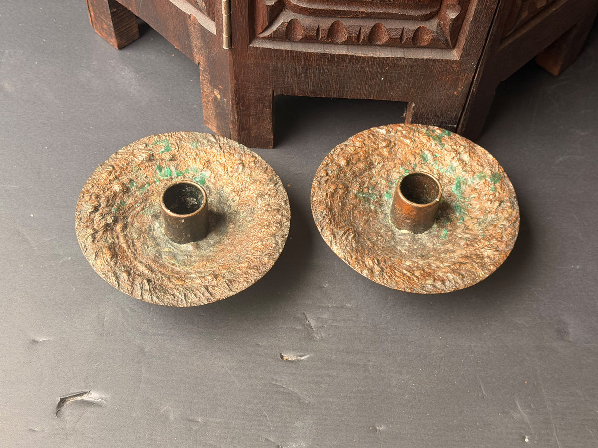 Brutalist Textured Copper Tone Metal Taper Candle Holders Pair 5.2 in