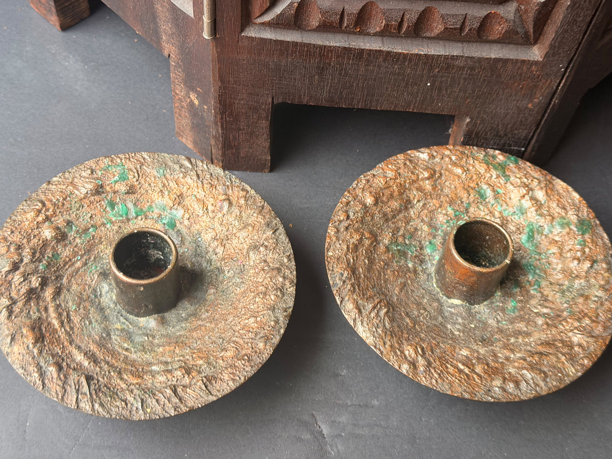 Brutalist Textured Copper Tone Metal Taper Candle Holders Pair 5.2 in