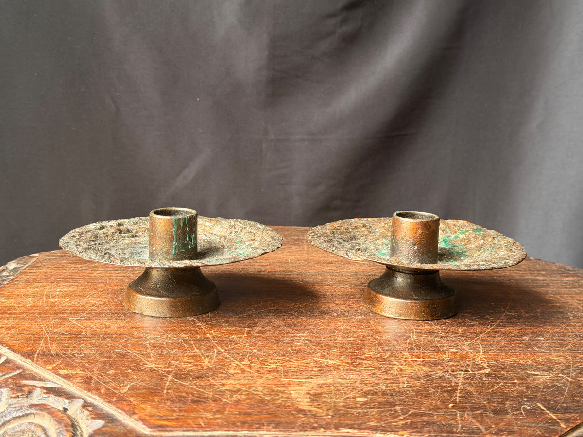 Brutalist Textured Copper Tone Metal Taper Candle Holders Pair 5.2 in