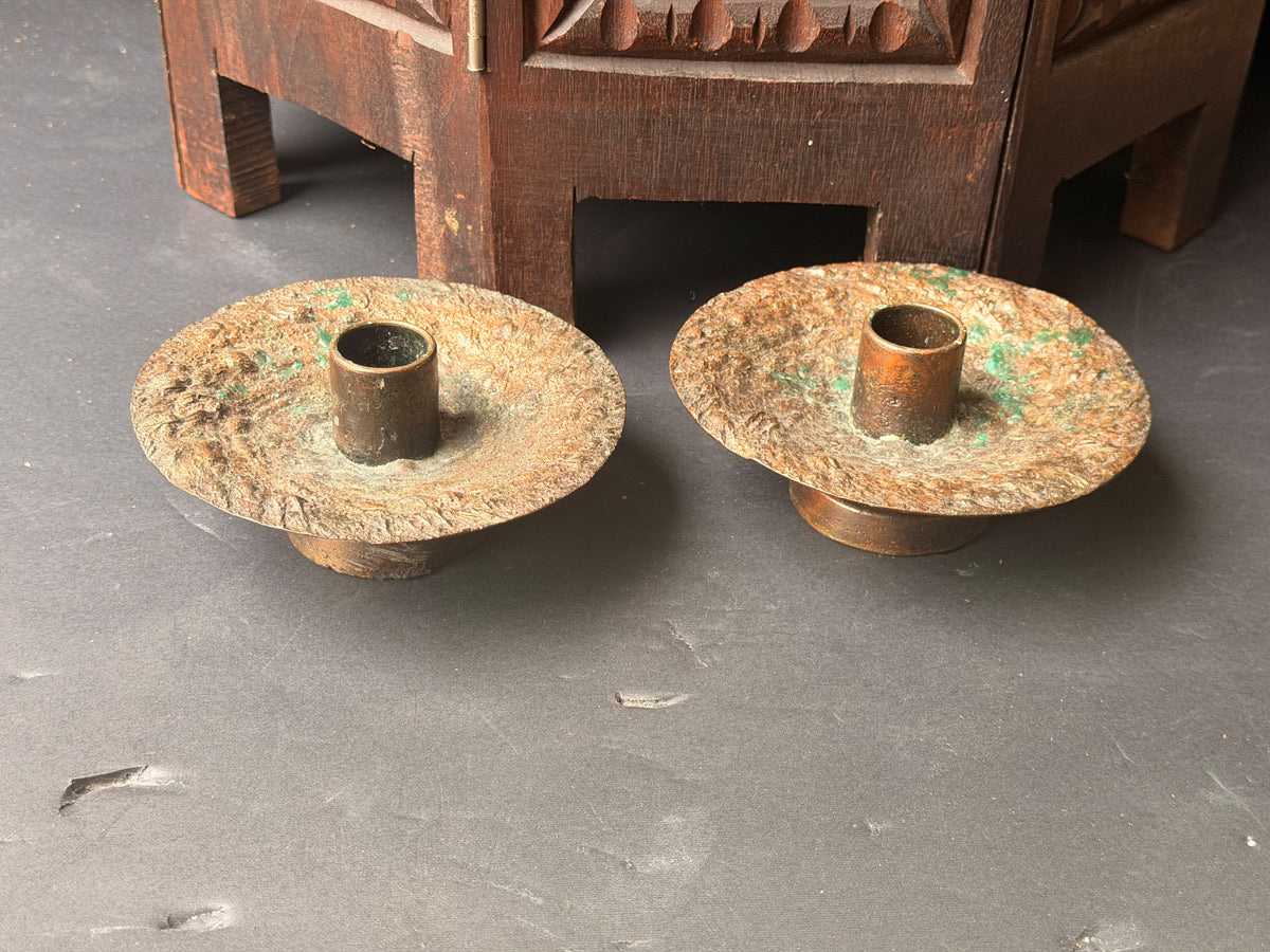 Brutalist Textured Copper Tone Metal Taper Candle Holders Pair 5.2 in